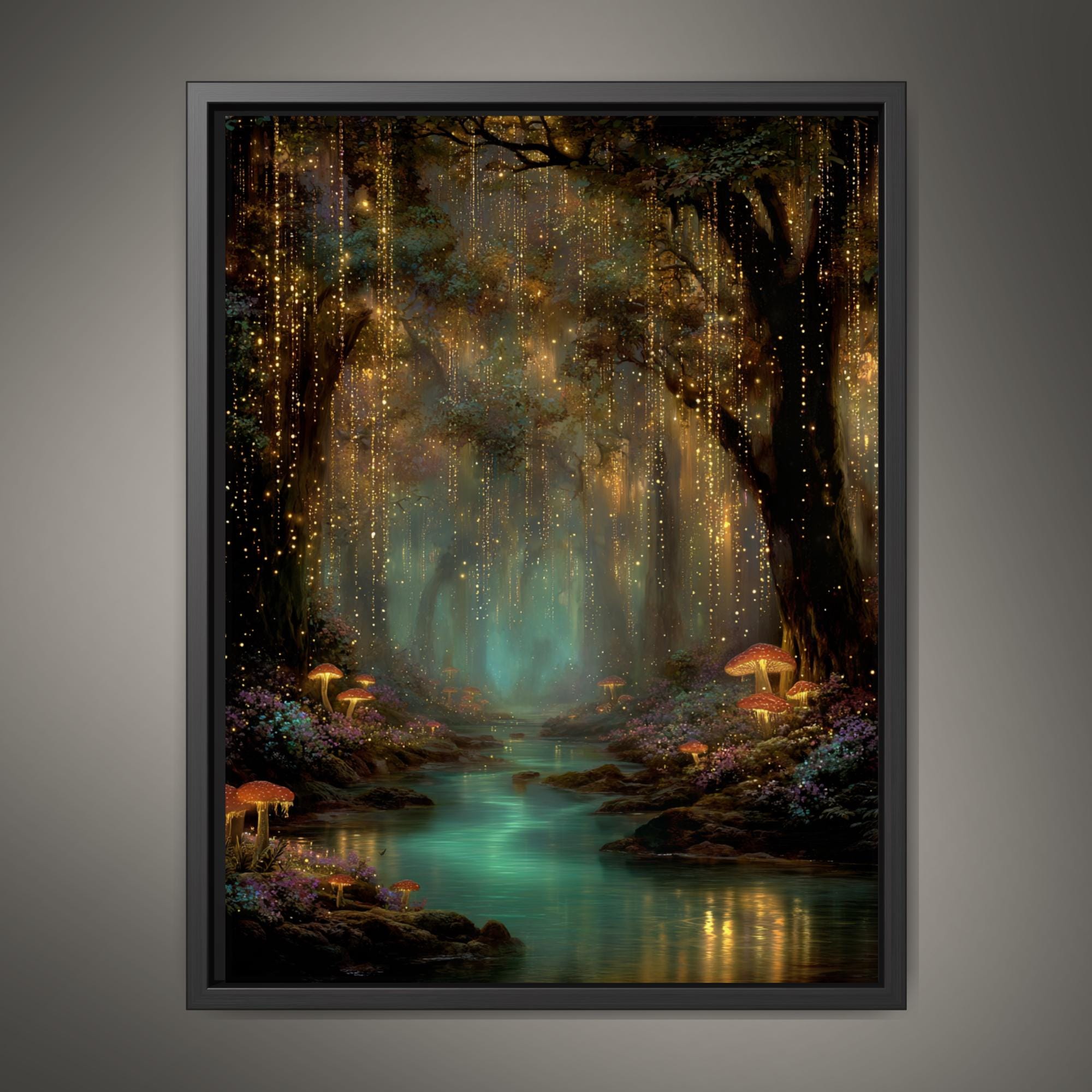 Toadstools and Fireflies Magical Glowing Fairycore Print Enchanted Teal River Forest Wallart