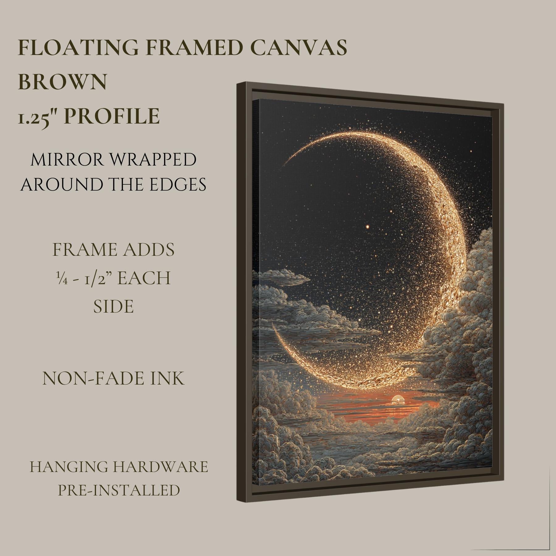 Golden Crescent Moon Wall Art Cloudy Sky Print Dark Moody Luxury Night Sky Decor