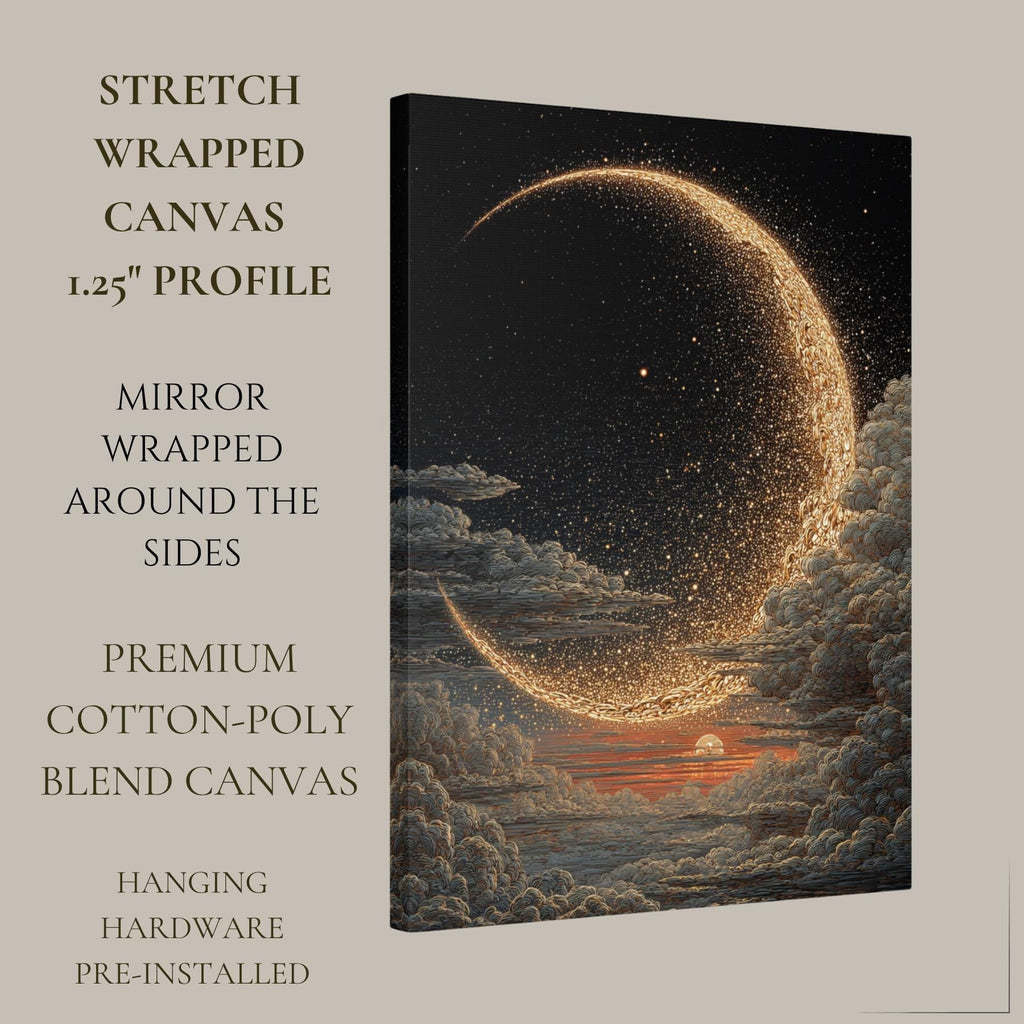 Golden Crescent Moon Wall Art Cloudy Sky Print Dark Moody Luxury Night Sky Decor