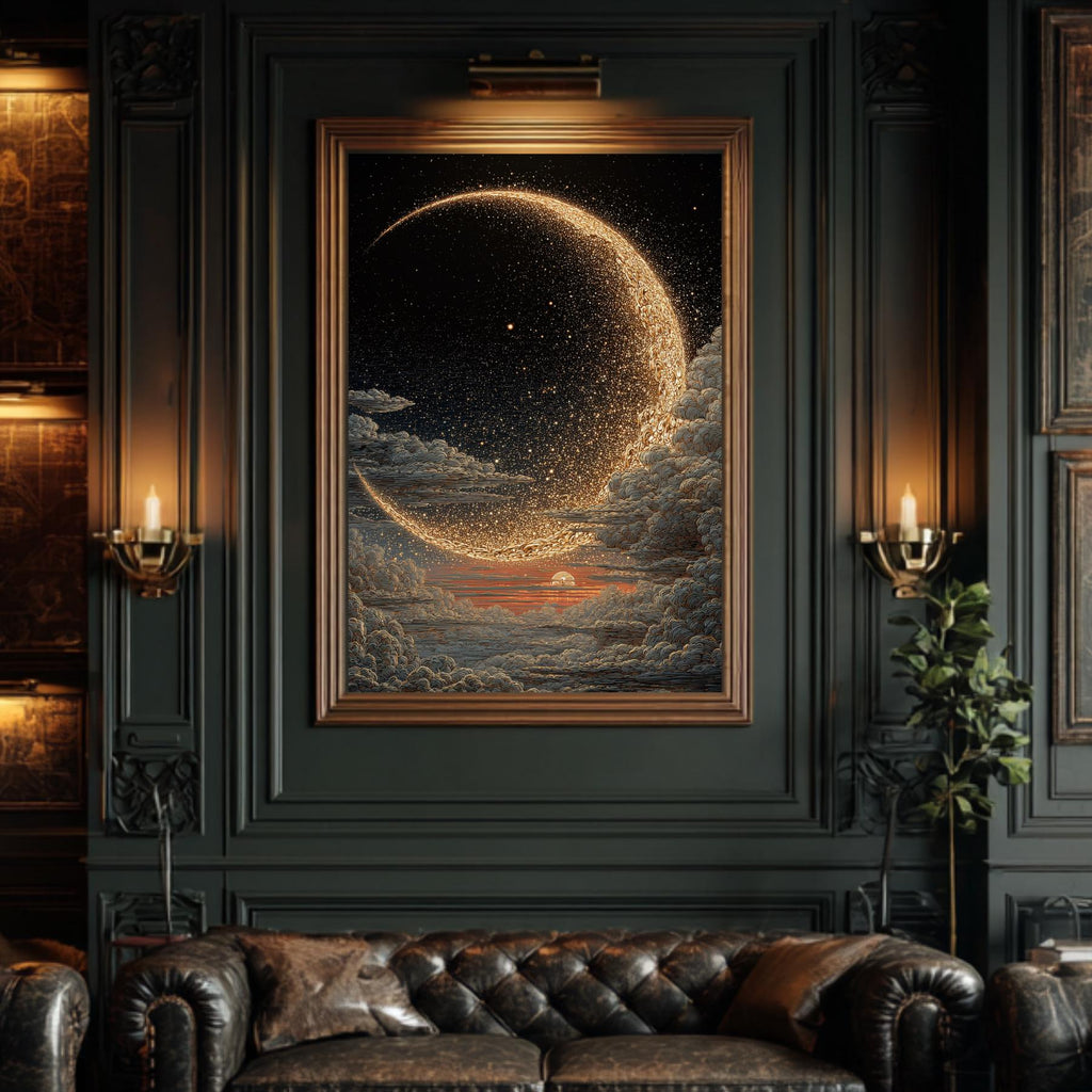 Golden Crescent Moon Wall Art Cloudy Sky Print Dark Moody Luxury Night Sky Decor