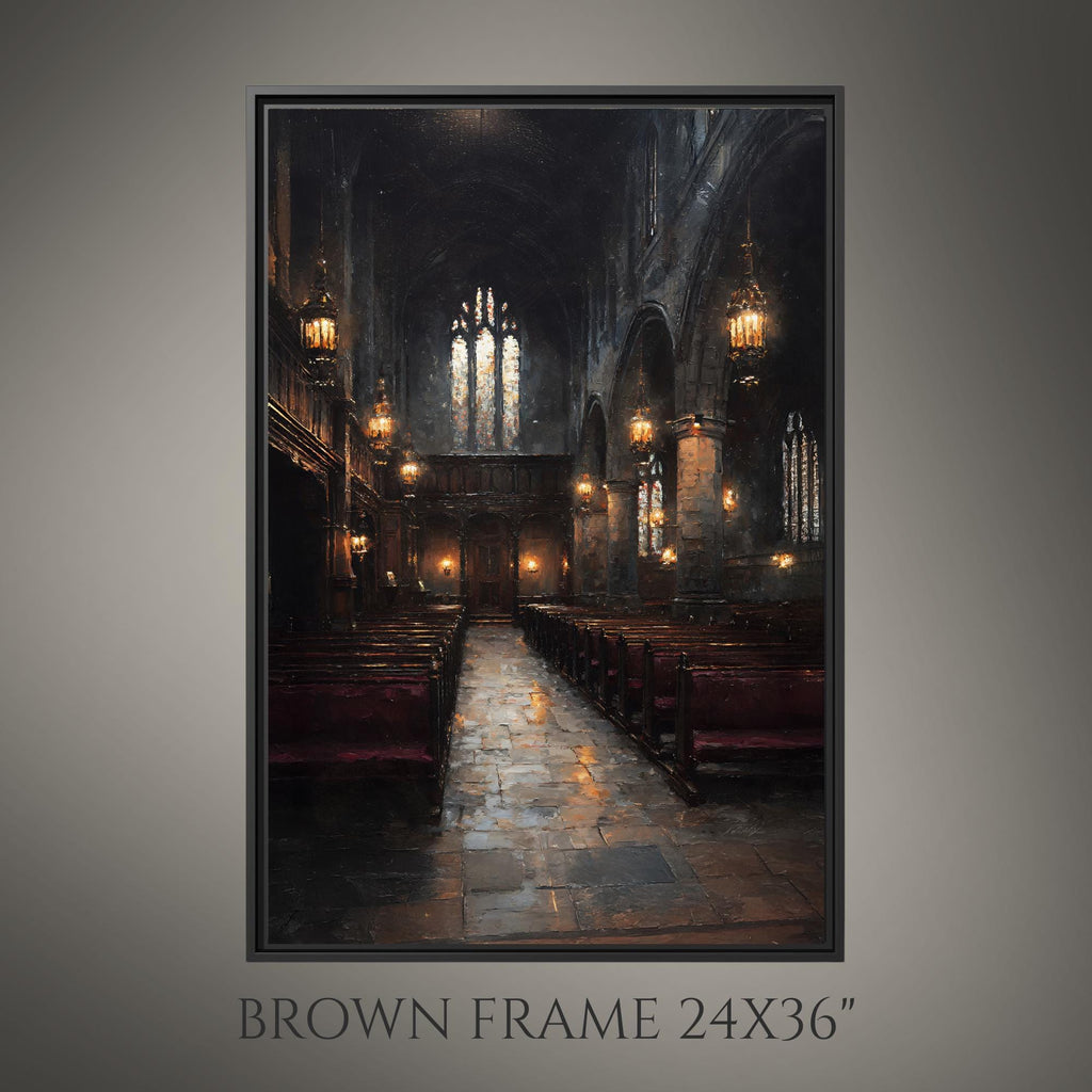 Stained Glass Window Chapel Wall Art Print Victorian Church Interior Glowing Lantern Lights Painting