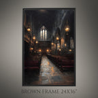 Stained Glass Window Chapel Wall Art Print Victorian Church Interior Glowing Lantern Lights Painting
