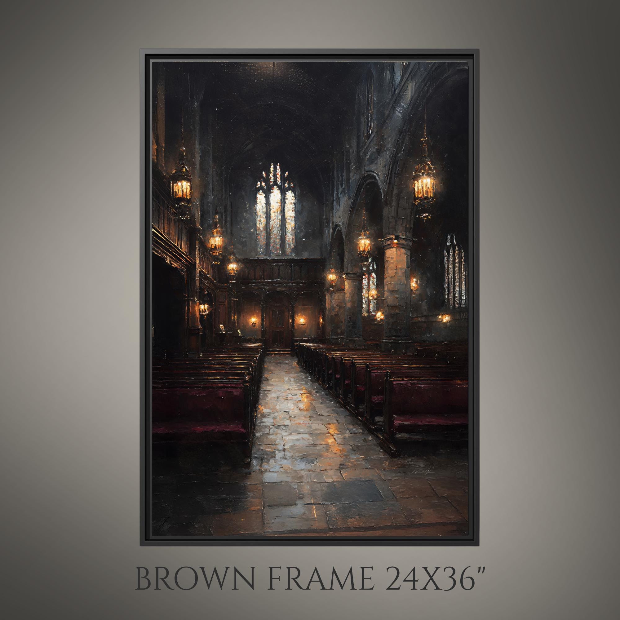Stained Glass Window Chapel Wall Art Print Victorian Church Interior Glowing Lantern Lights Painting