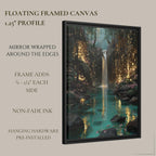 Firefly Waterfall Forest Wall Art Print, Magical Fairy Light Woodland Painting Water Reflections Decor