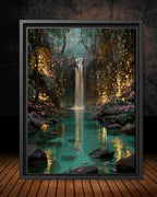 Firefly Waterfall Forest Wall Art Print, Magical Fairy Light Woodland Painting Water Reflections Decor