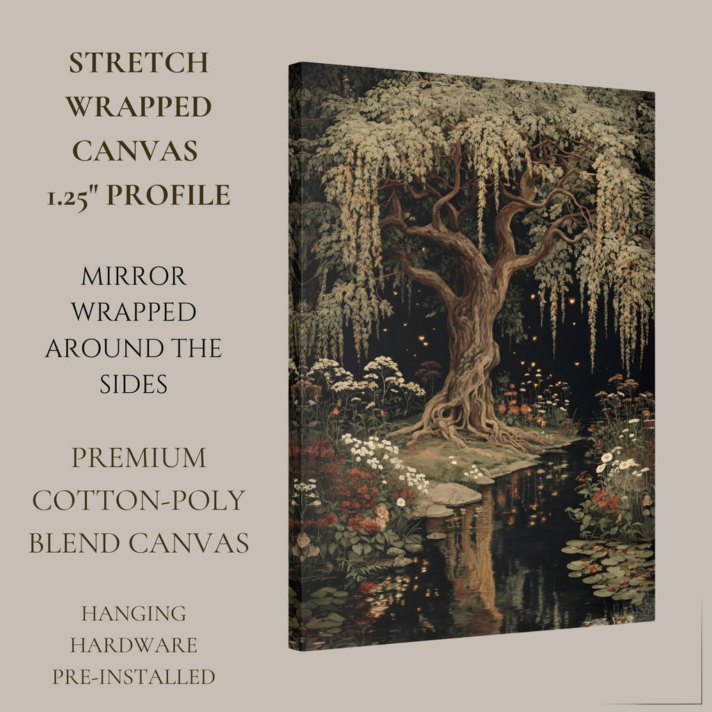 Moonlit Willow Tree Print, Dark Academia Romantic Forest Art, William Morris Inspired Nature Decor