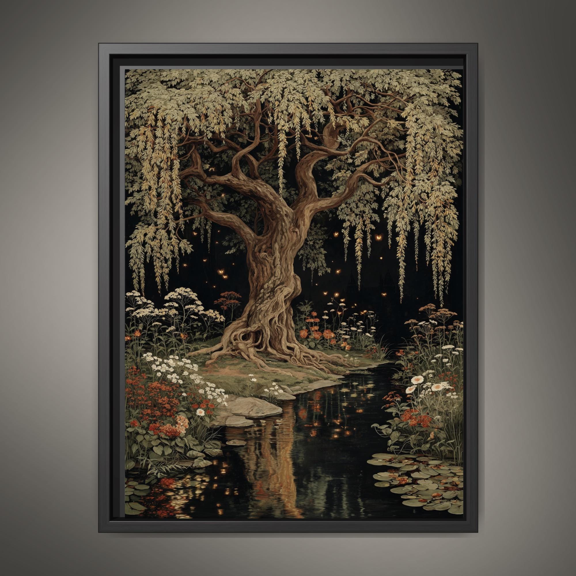 Moonlit Willow Tree Print, Dark Academia Romantic Forest Art, William Morris Inspired Nature Decor Main image