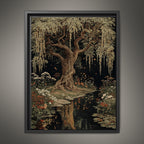 Moonlit Willow Tree Print, Dark Academia Romantic Forest Art, William Morris Inspired Nature Decor