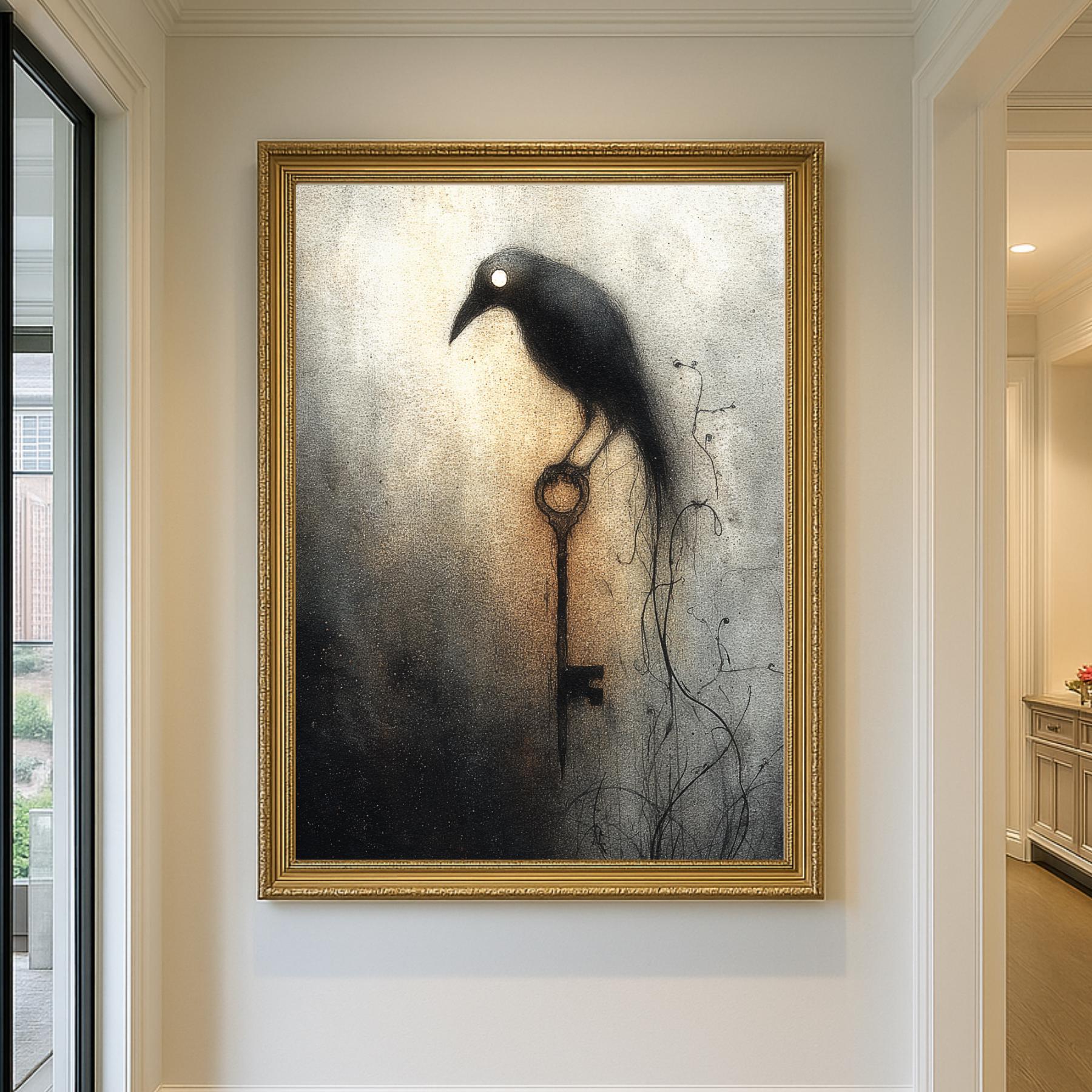 Gothic Raven Wall Art Print Dark Academia Crow Antique Key Moody Neutral Home Decor