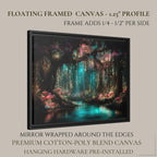 Pink Toadstools Teal River Golden Fireflies Willow Art Print, Glowing Enchanted Forest Magical Painting