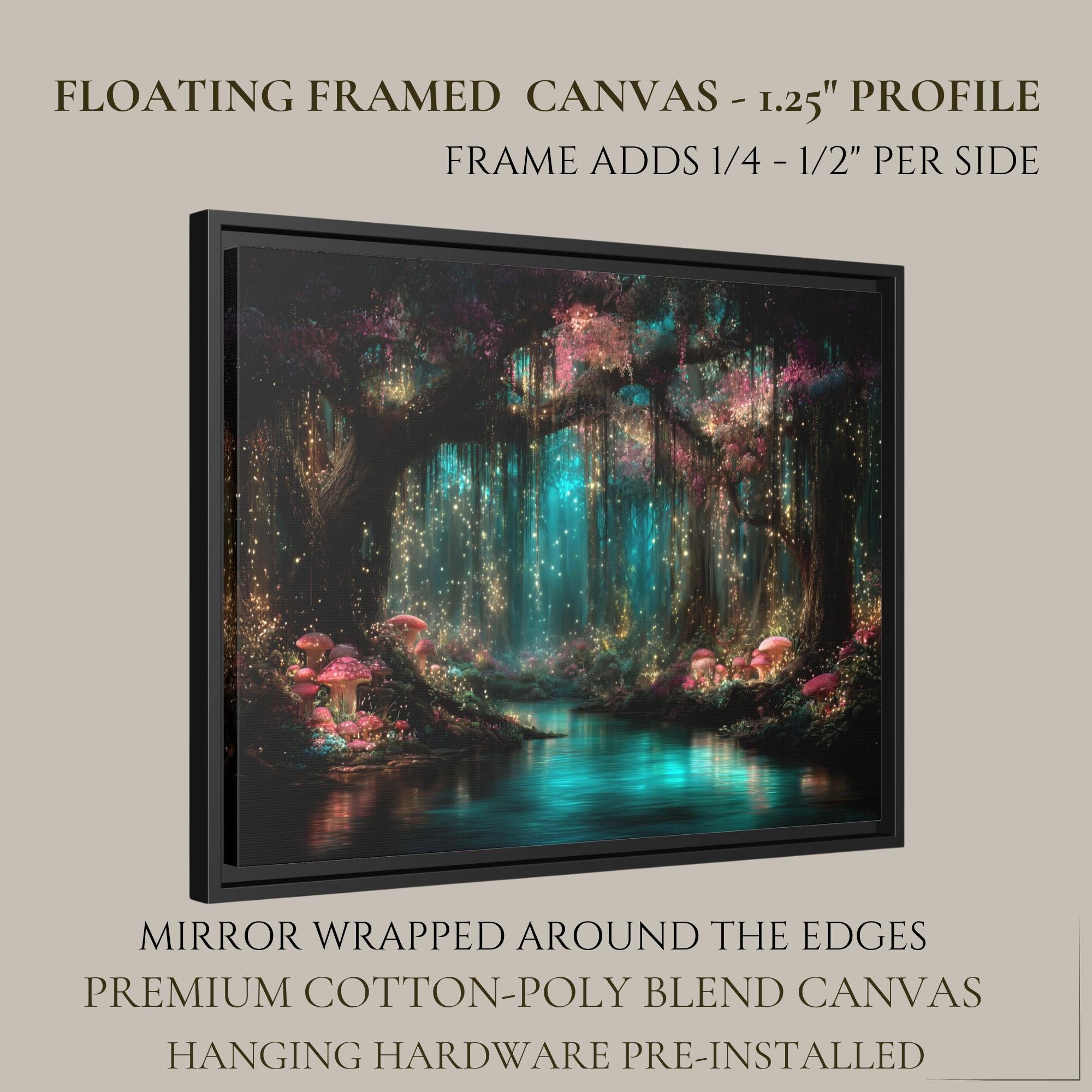 Pink Toadstools Teal River Golden Fireflies Willow Art Print, Glowing Enchanted Forest Magical Painting