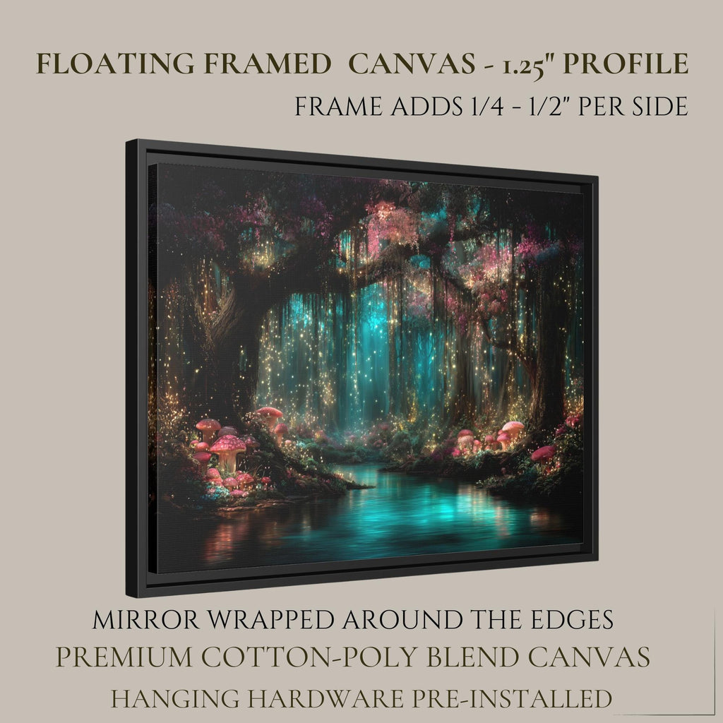 Pink Toadstools Teal River Golden Fireflies Willow Art Print, Glowing Enchanted Forest Magical Painting
