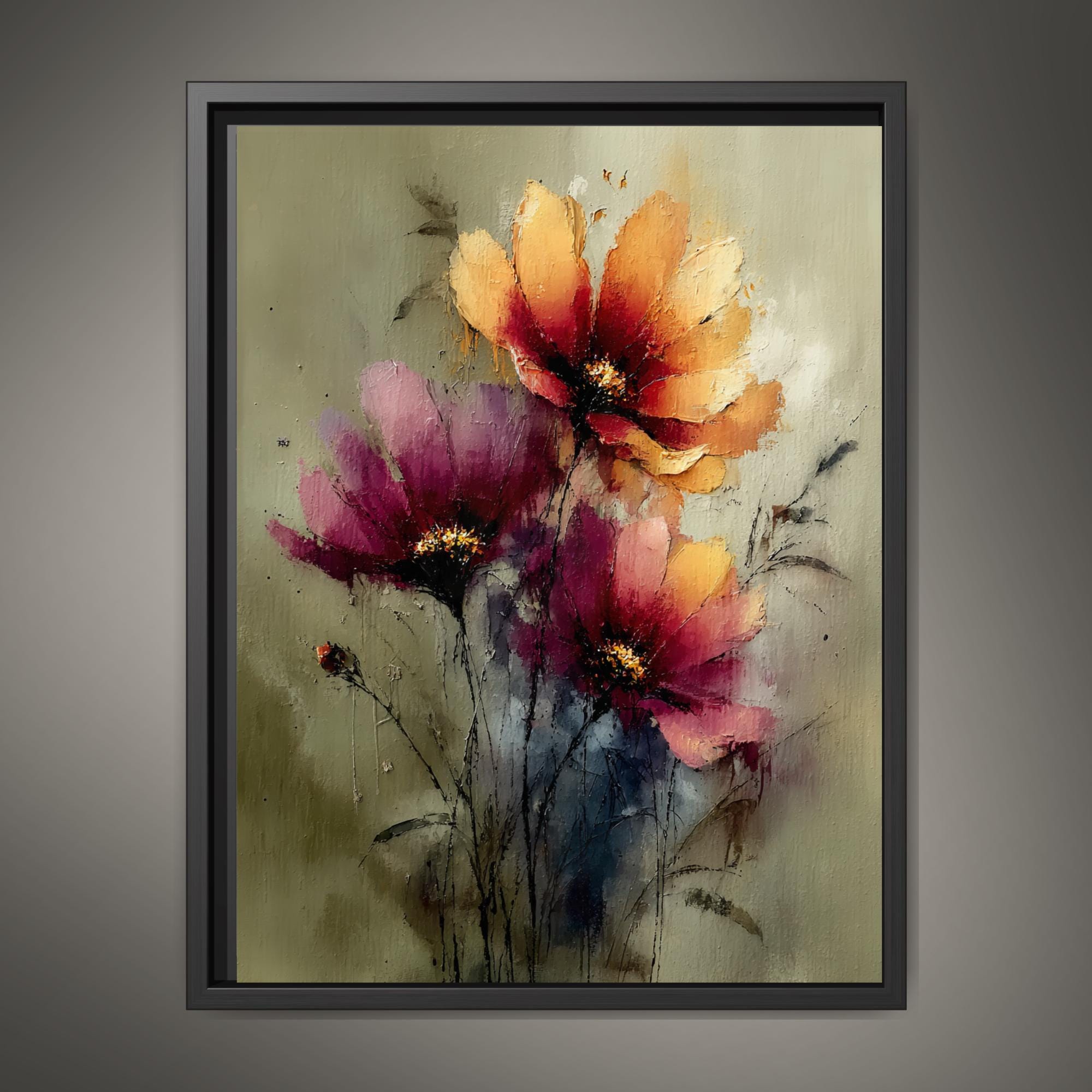 Wildflower Art Print, Dark Moody Floral, Cottagecore Flowers Watercolor Style Botanical Painting Main image