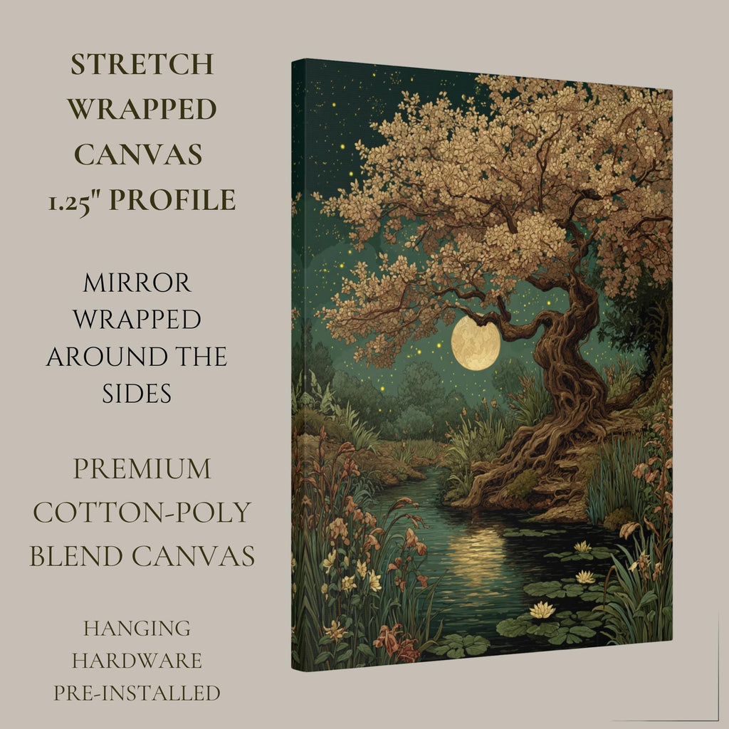 Moonlit Cherry Tree Print, Dark Academia Romantic Forest Art, William Morris Inspired Nature Decor