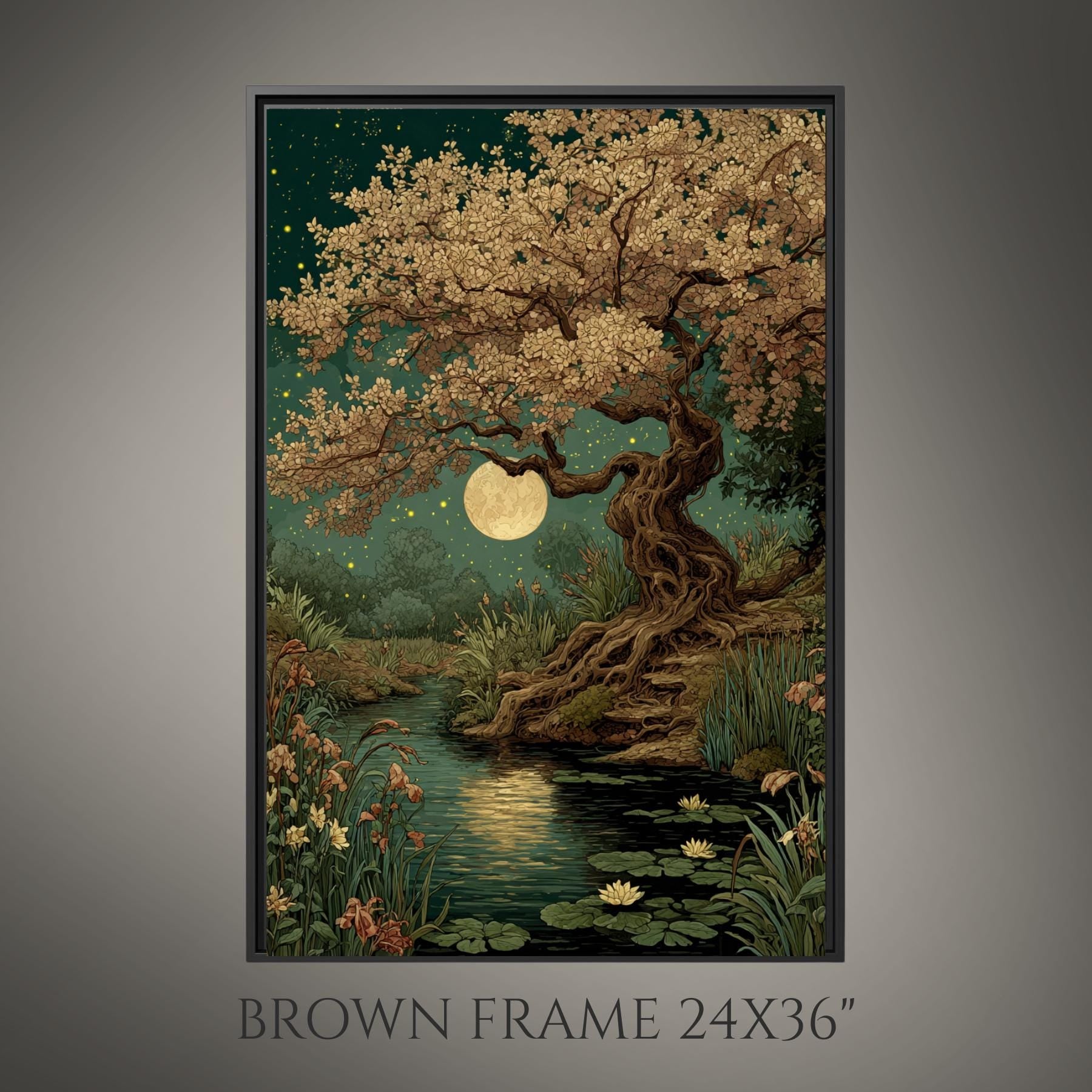 Moonlit Cherry Tree Print, Dark Academia Romantic Forest Art, William Morris Inspired Nature Decor