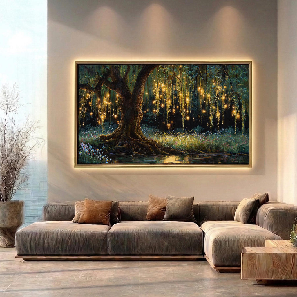 Firefly Forest Horizontal Art Print Golden Willow Tree Leaves Trailing, Enchanted Woodland Painting