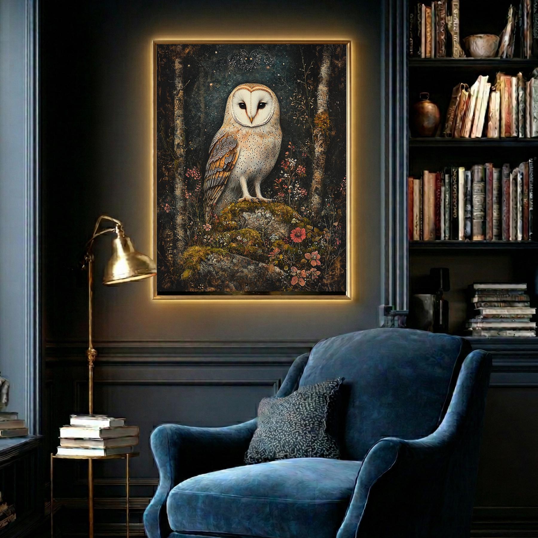 White Barn Owl Dark Cottagecore Print, William Morris Style Wall Art Secondary image
