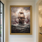 Kraken Pirate Ship Wall Art Print, Dramatic Sea Storm Painting, Moody Maritime Artwork