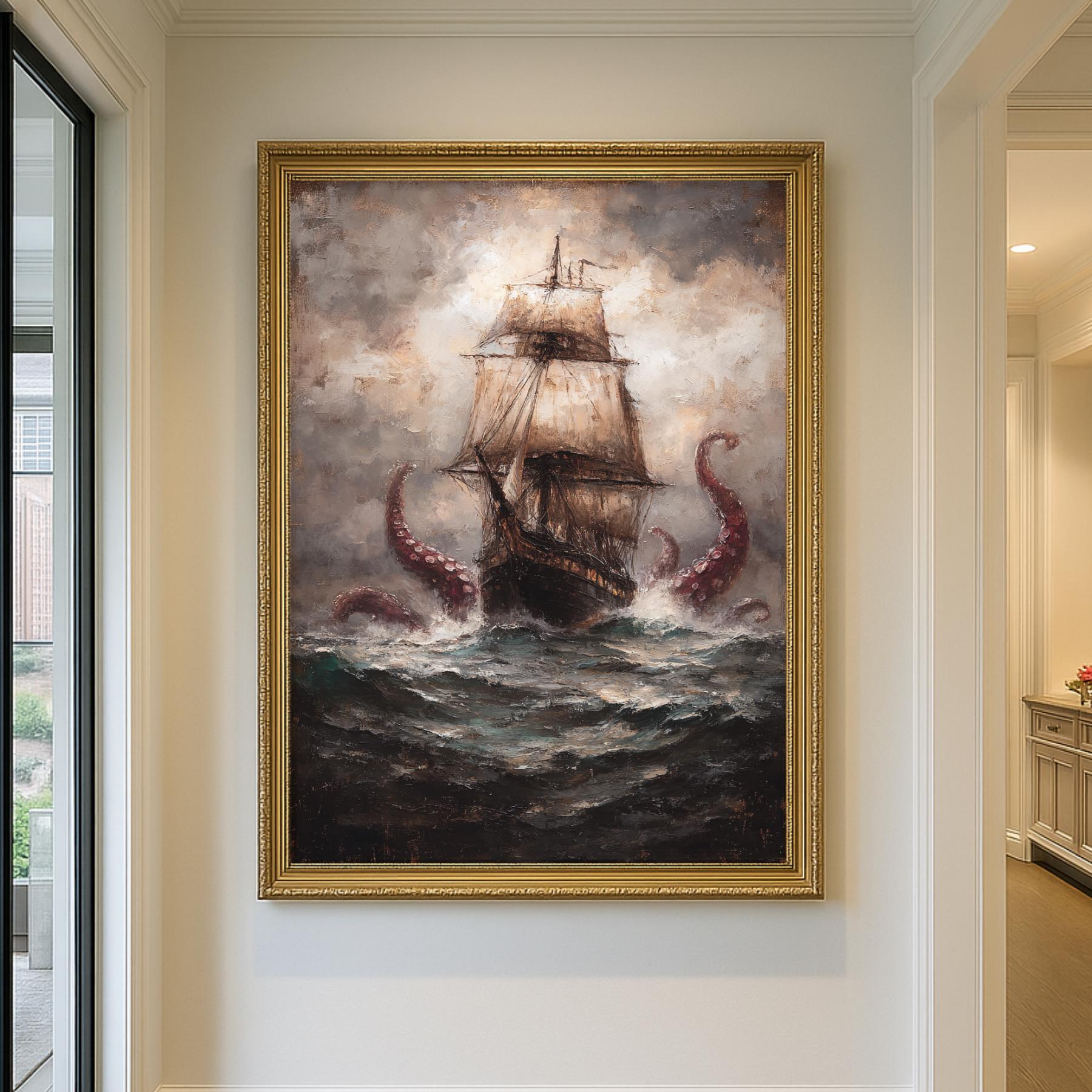 Kraken Pirate Ship Wall Art Print, Dramatic Sea Storm Painting, Moody Maritime Artwork