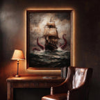 Kraken Pirate Ship Wall Art Print, Dramatic Sea Storm Painting, Moody Maritime Artwork