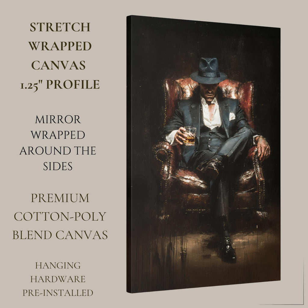Mafia Boss Wall Art Print, Man in Suit and Fedora with Whiskey Painting