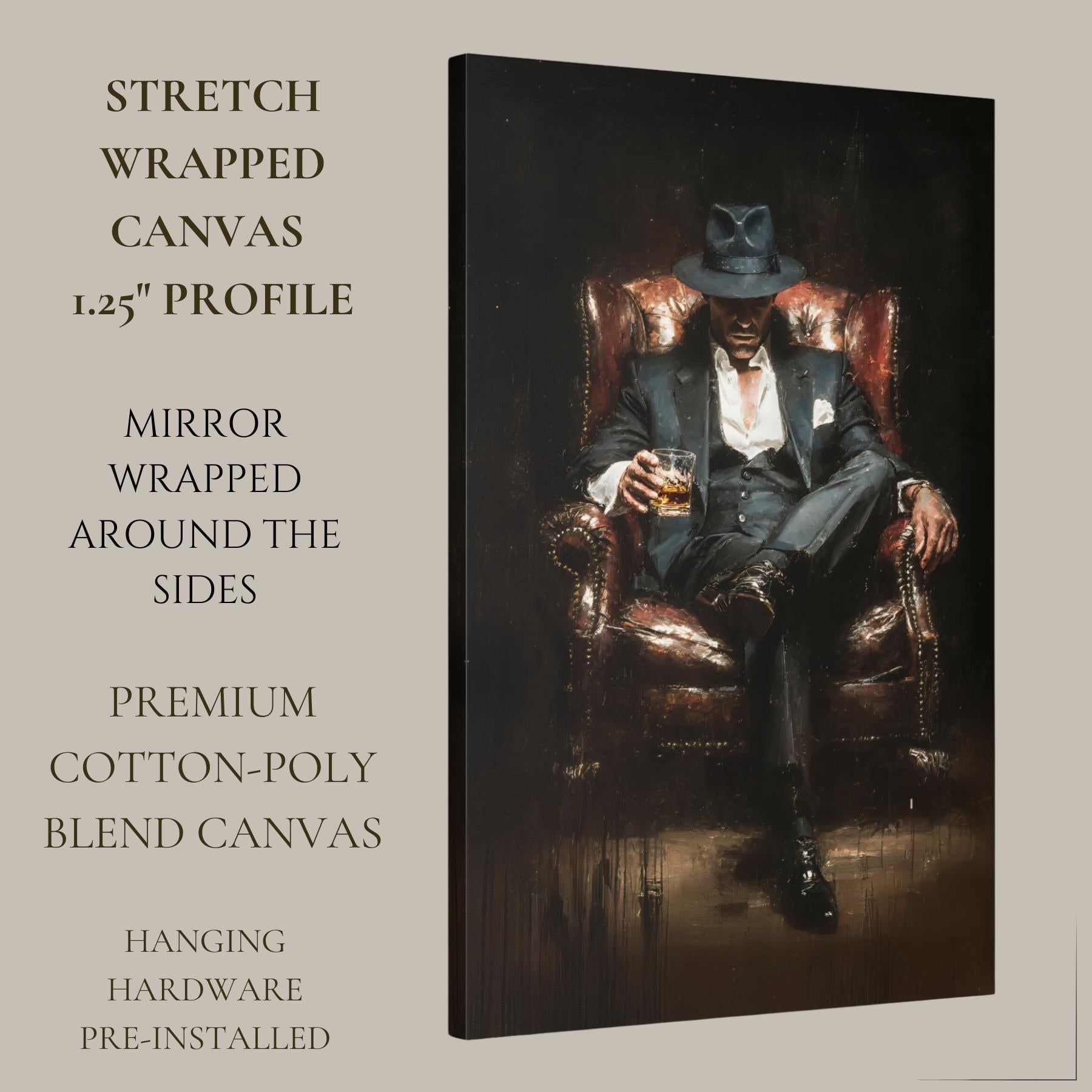 Mafia Boss Wall Art Print, Man in Suit and Fedora with Whiskey Painting