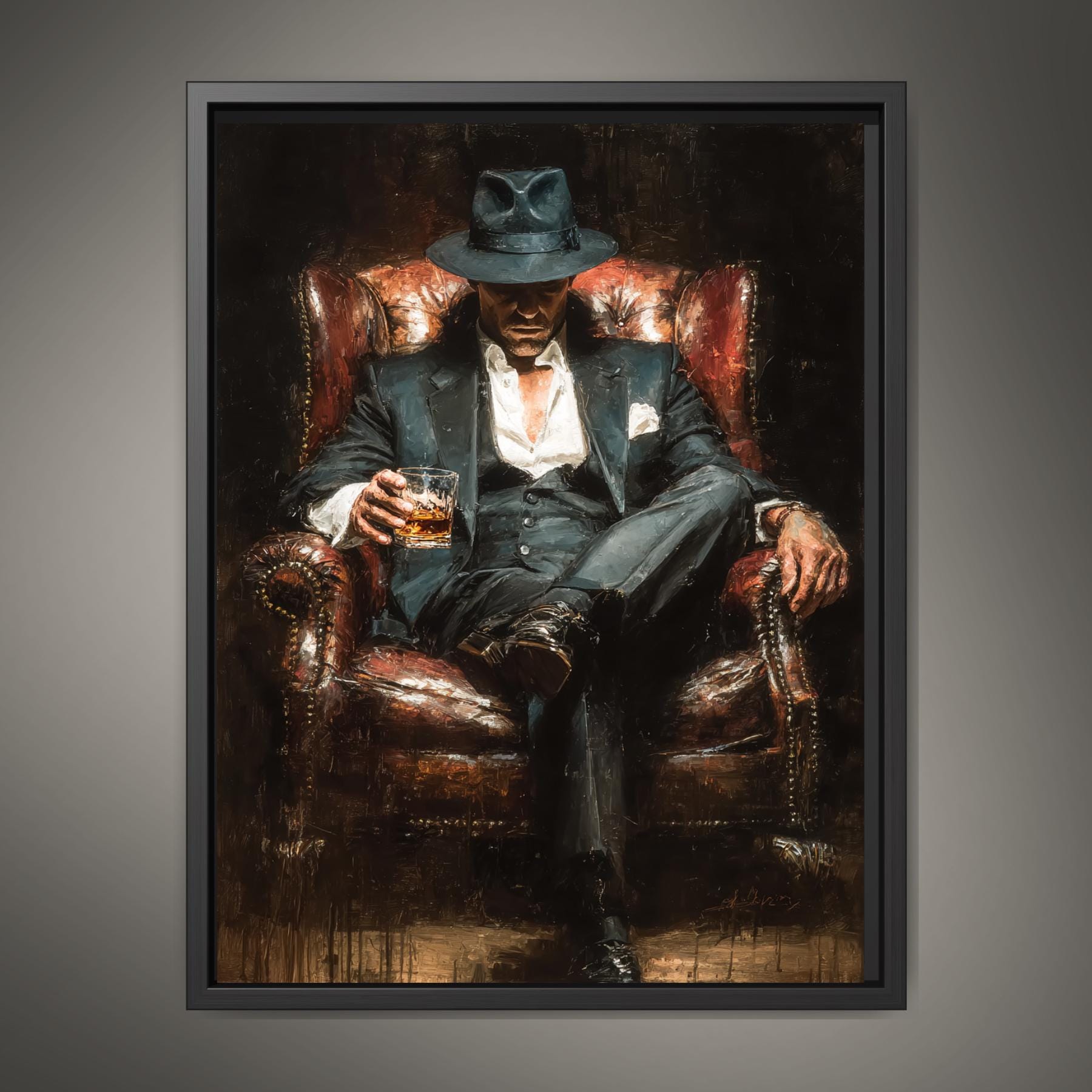 Mafia Boss Wall Art Print, Man in Suit and Fedora with Whiskey Painting Main image