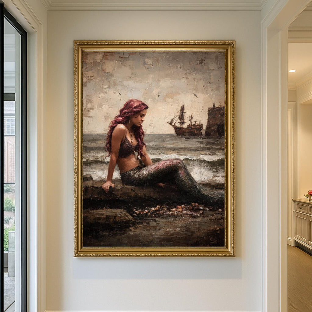 Dark Mermaid Wall Art Print, Moody Coastal Fantasy Painting, Gothic Ocean Artwork