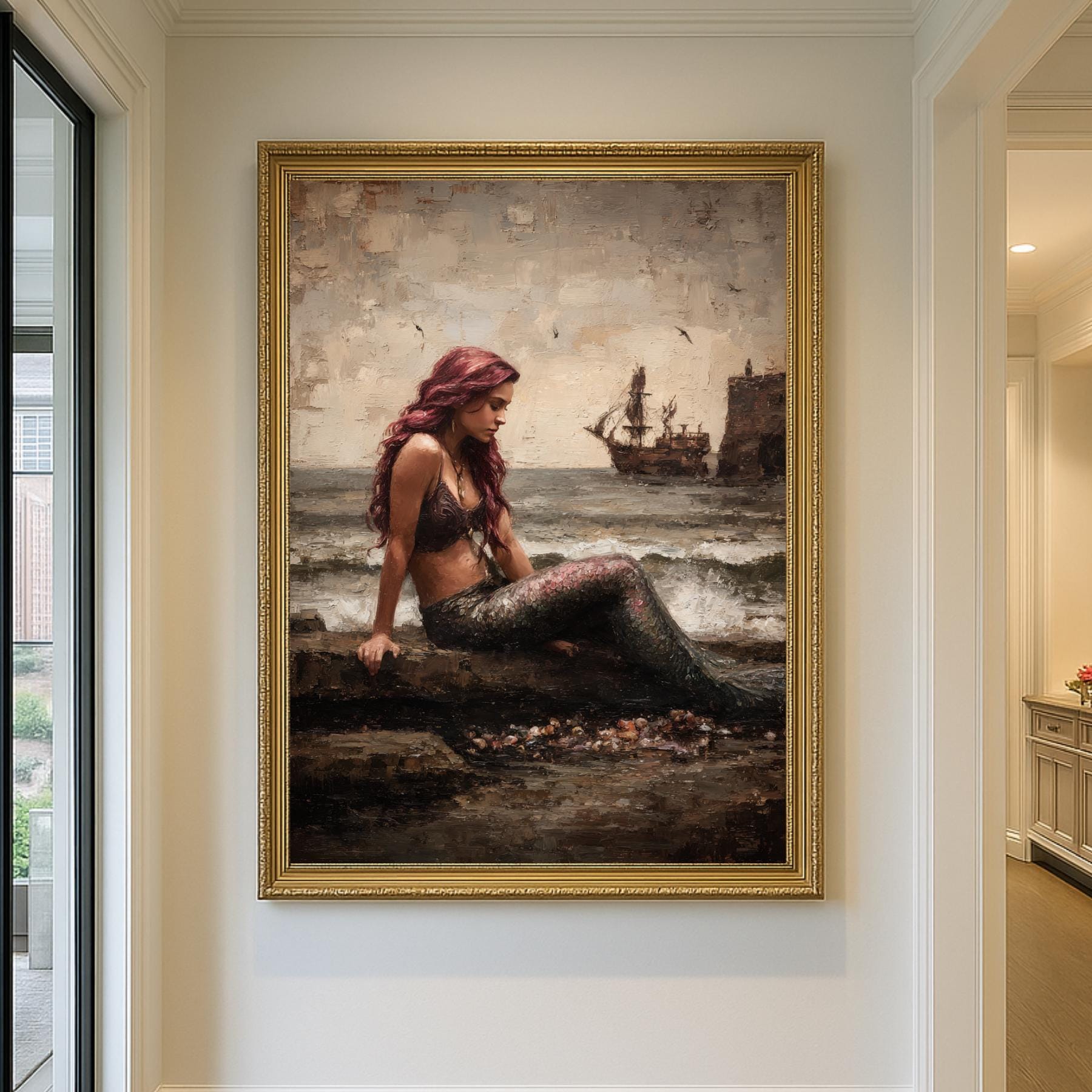 Dark Mermaid Wall Art Print, Moody Coastal Fantasy Painting, Gothic Ocean Artwork
