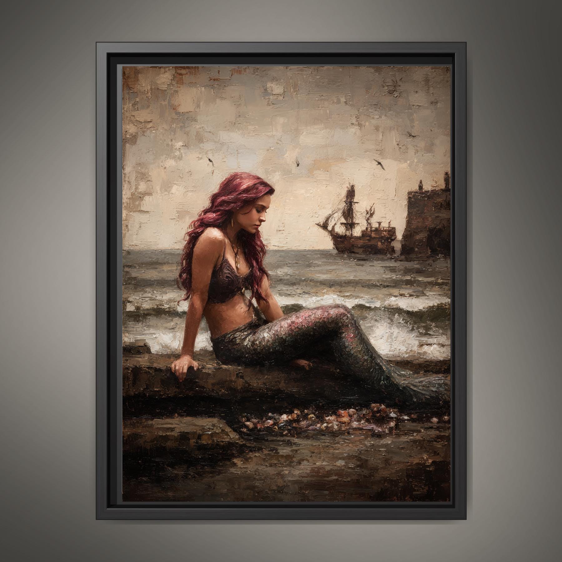 Dark Mermaid Wall Art Print, Moody Coastal Fantasy Painting, Gothic Ocean Artwork