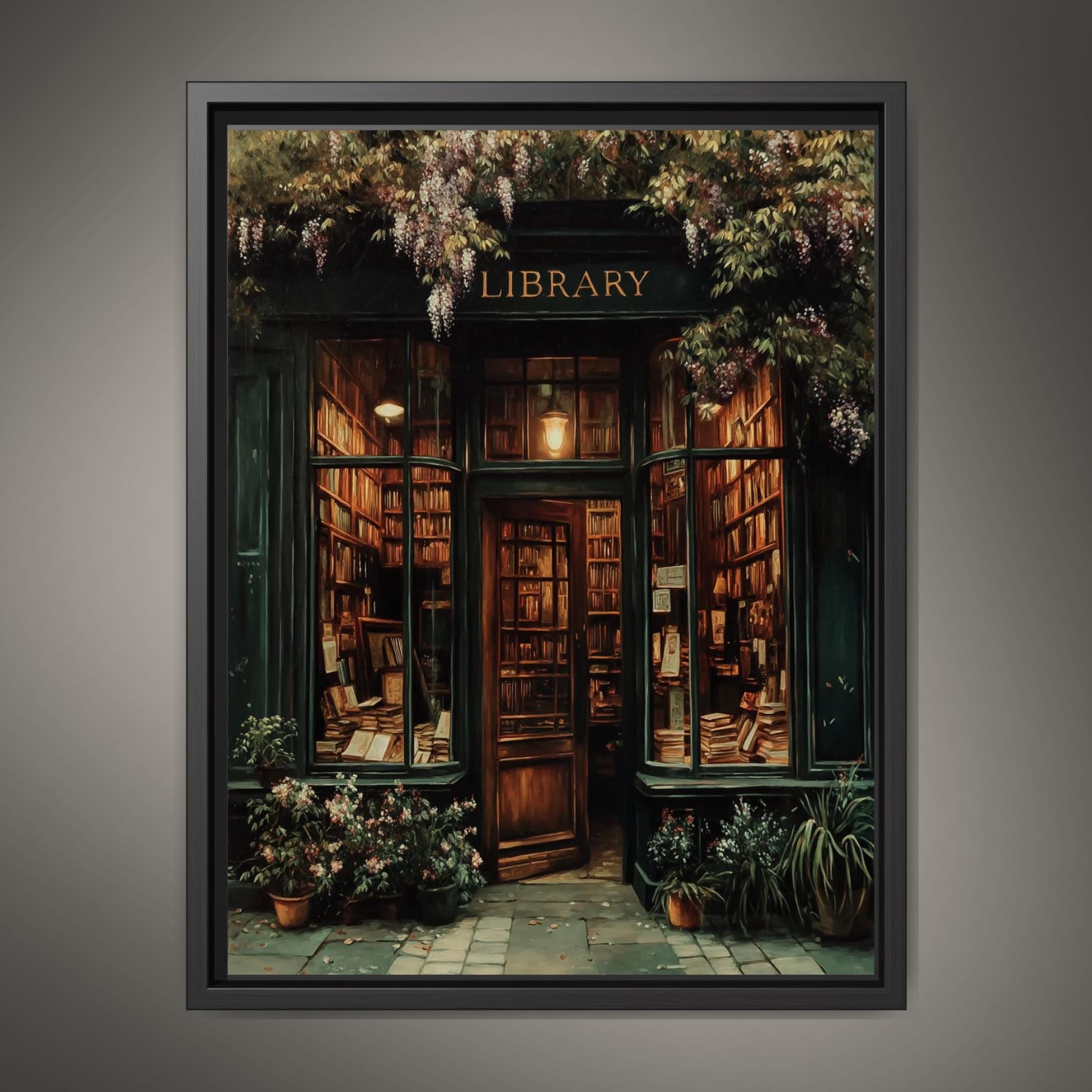 Vintage Library Print, Old Storefront Painting, Wisteria Shopfront, Dark Academia Reading Nook Decor Main image