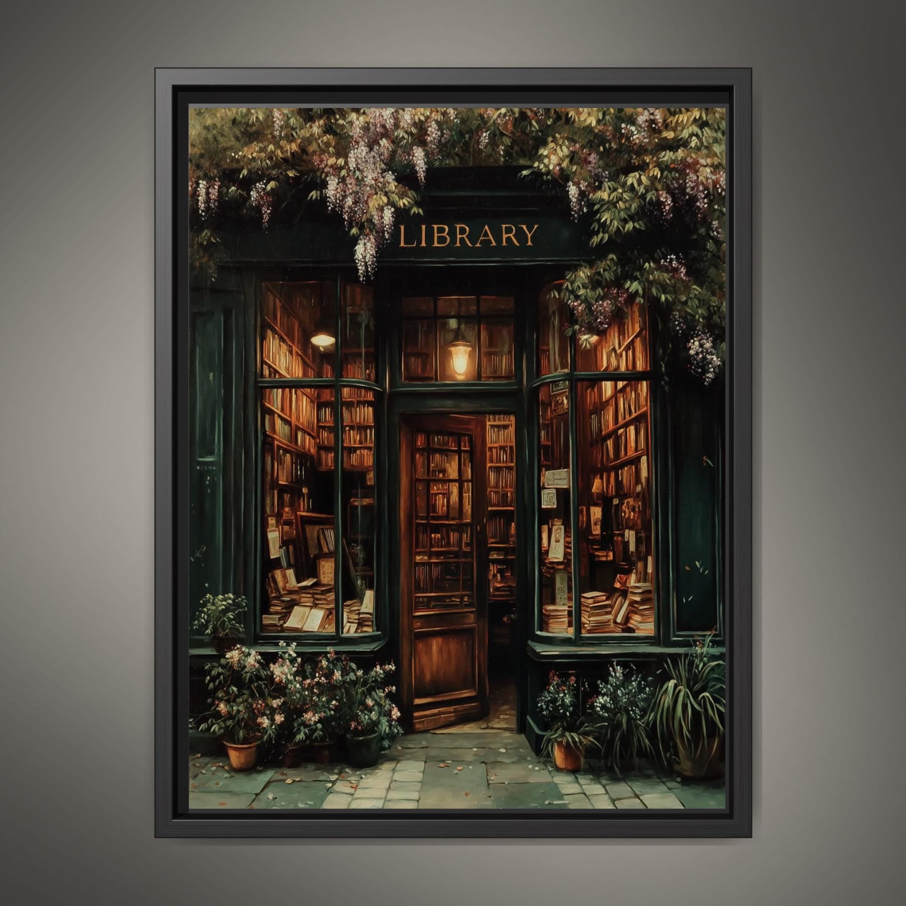 Vintage Library Print, Old Storefront Painting, Wisteria Shopfront, Dark Academia Reading Nook Decor Main image