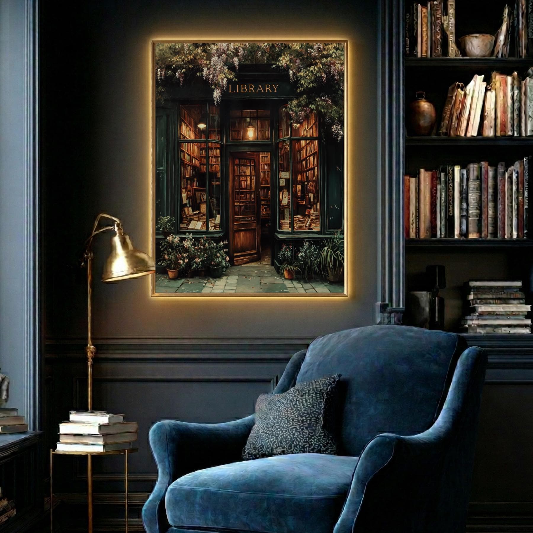 Vintage Library Print, Old Storefront Painting, Wisteria Shopfront, Dark Academia Reading Nook Decor Secondary image
