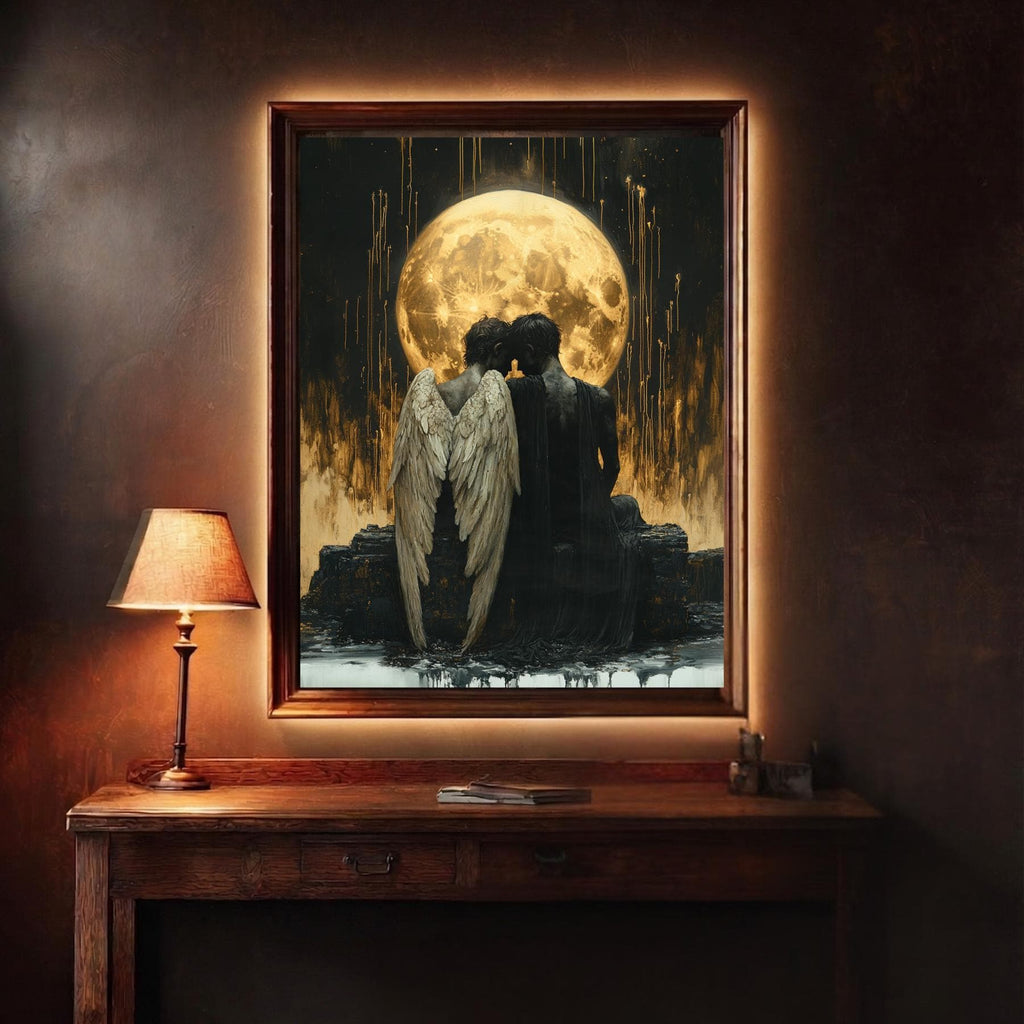 Fallen Angel Wall Art Print Gothic Golden Moon Dark Fantasy Romantic Angels Bereavement Decor