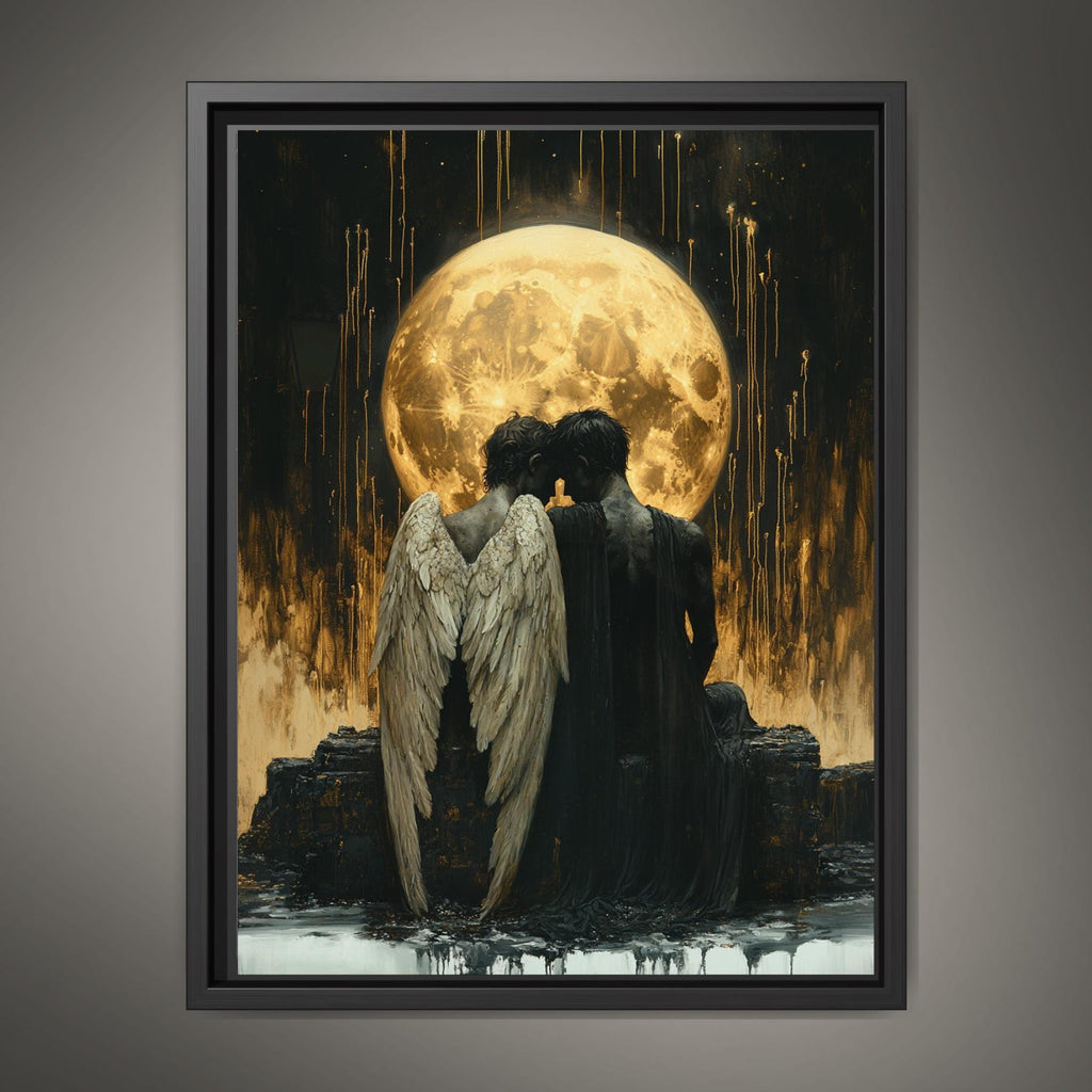 Fallen Angel Wall Art Print Gothic Golden Moon Dark Fantasy Romantic Angels Bereavement Decor