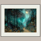 Moonlit Path Enchanted Forest Wall Art Print, Teal Woodland, Dark Academia Fantasy Night Landscape