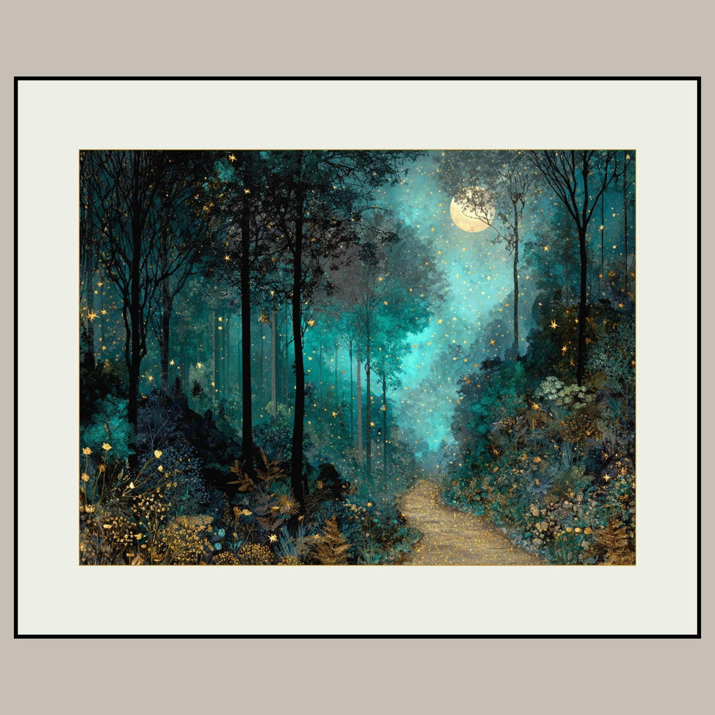 Moonlit Path Enchanted Forest Wall Art Print, Teal Woodland, Dark Academia Fantasy Night Landscape