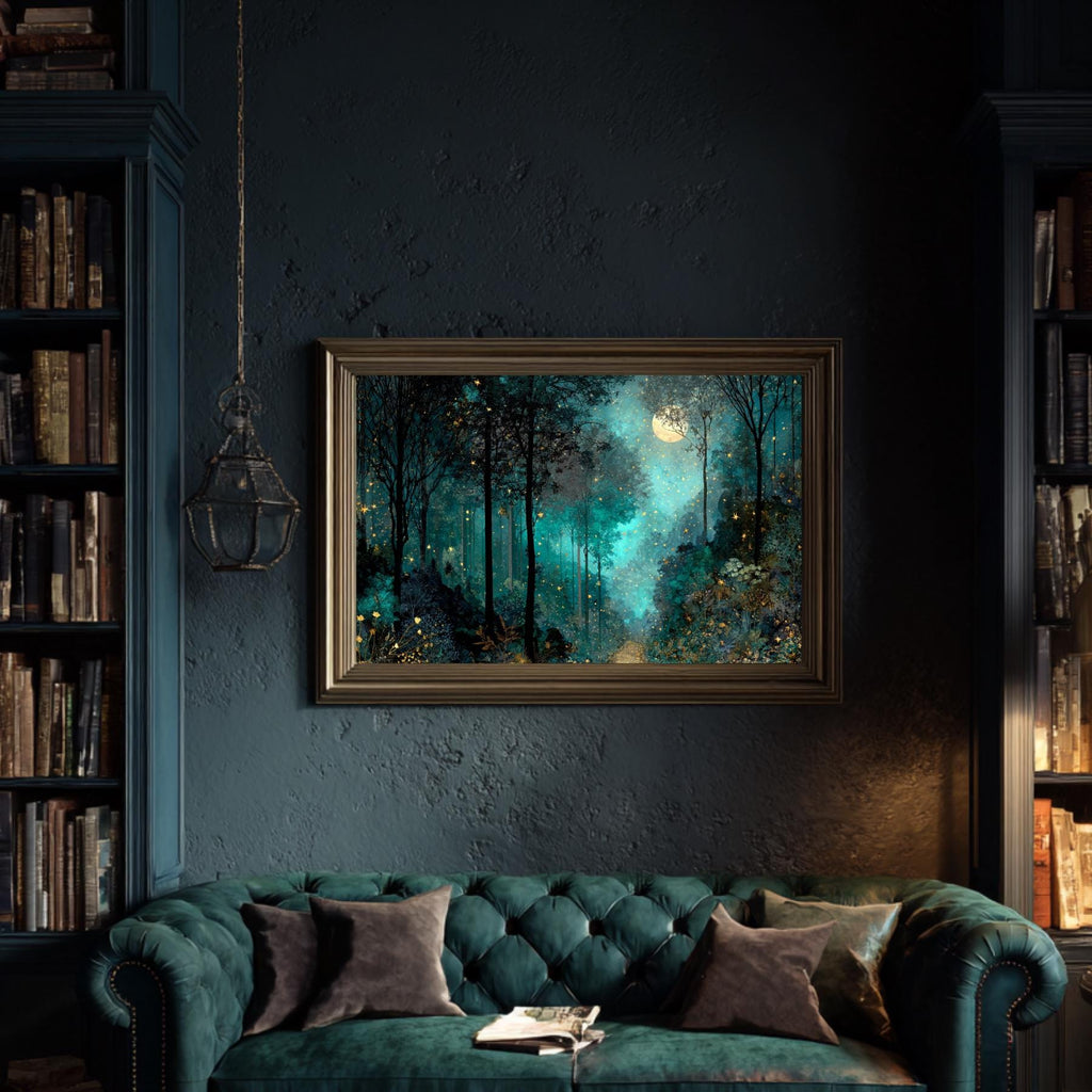 Moonlit Path Enchanted Forest Wall Art Print, Teal Woodland, Dark Academia Fantasy Night Landscape