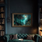 Moonlit Path Enchanted Forest Wall Art Print, Teal Woodland, Dark Academia Fantasy Night Landscape