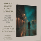 Foggy Victorian Street Wall Art, Mysterious Figure Print, Dark Academia Gothic London Night Scene