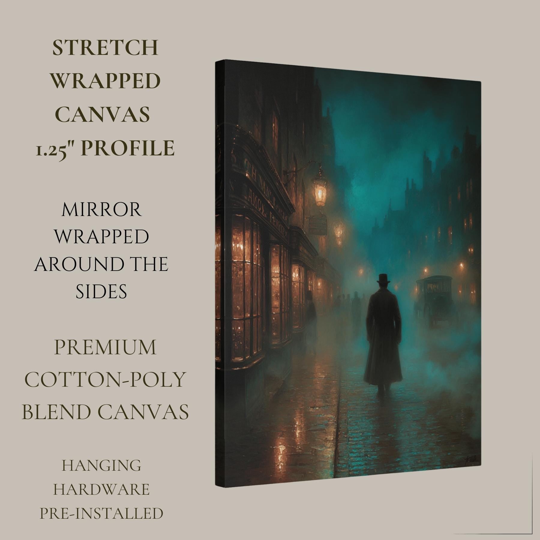 Foggy Victorian Street Wall Art, Mysterious Figure Print, Dark Academia Gothic London Night Scene