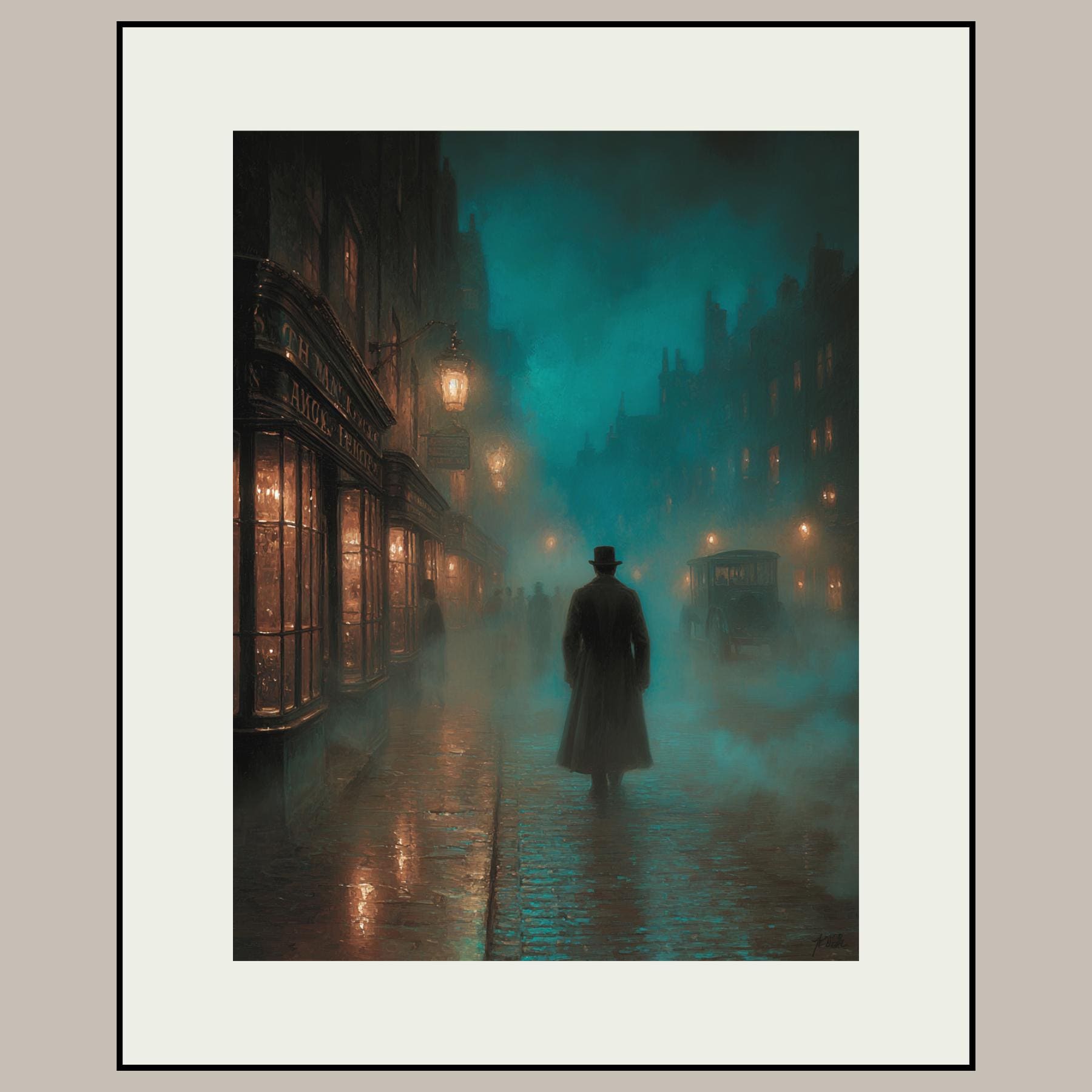 Foggy Victorian Street Wall Art, Mysterious Figure Print, Dark Academia Gothic London Night Scene