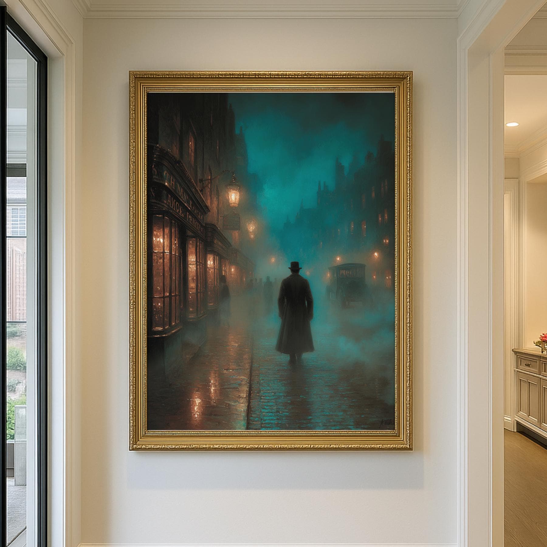 Foggy Victorian Street Wall Art, Mysterious Figure Print, Dark Academia Gothic London Night Scene Secondary image