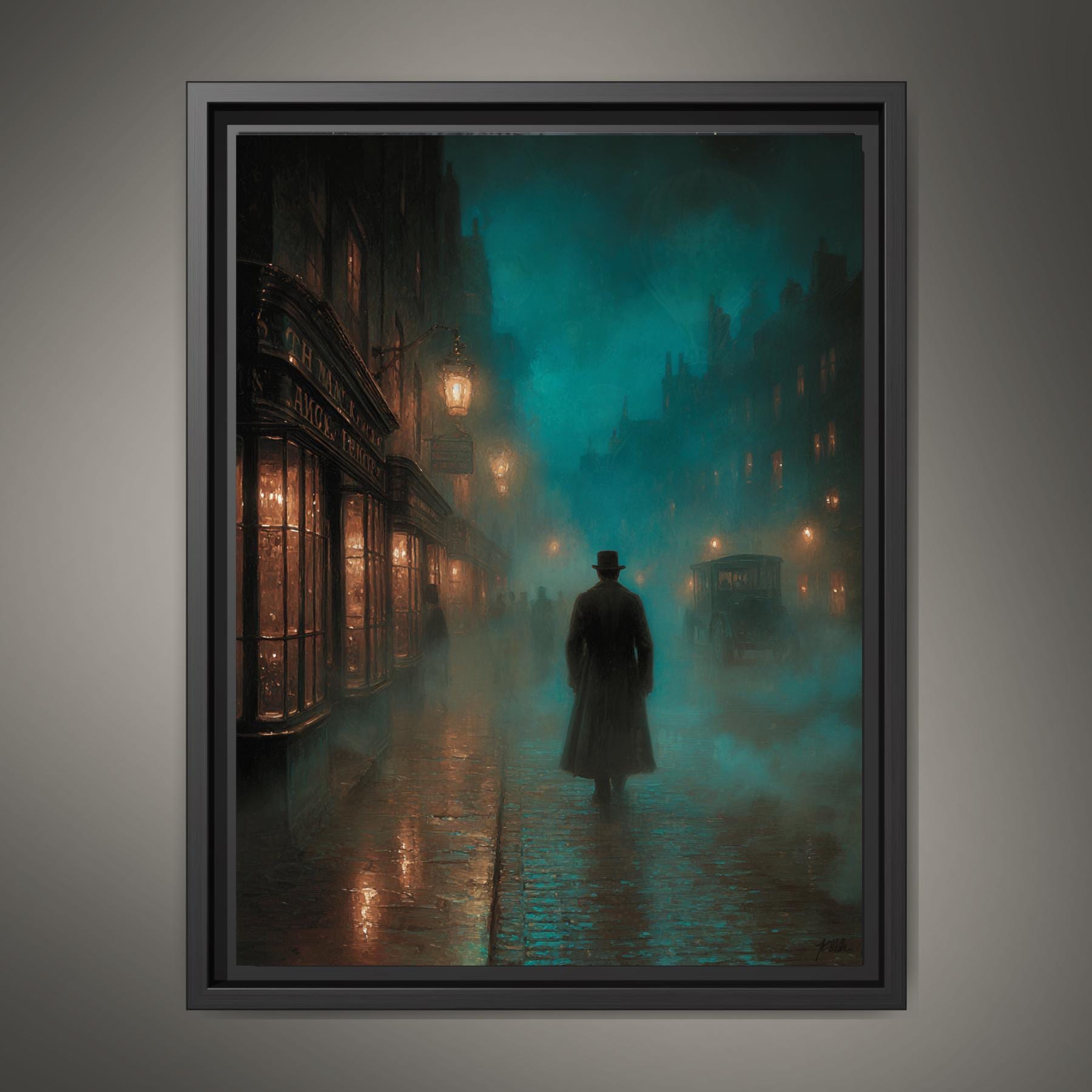 Foggy Victorian Street Wall Art, Mysterious Figure Print, Dark Academia Gothic London Night Scene Main image