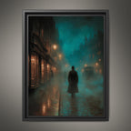 Foggy Victorian Street Wall Art, Mysterious Figure Print, Dark Academia Gothic London Night Scene