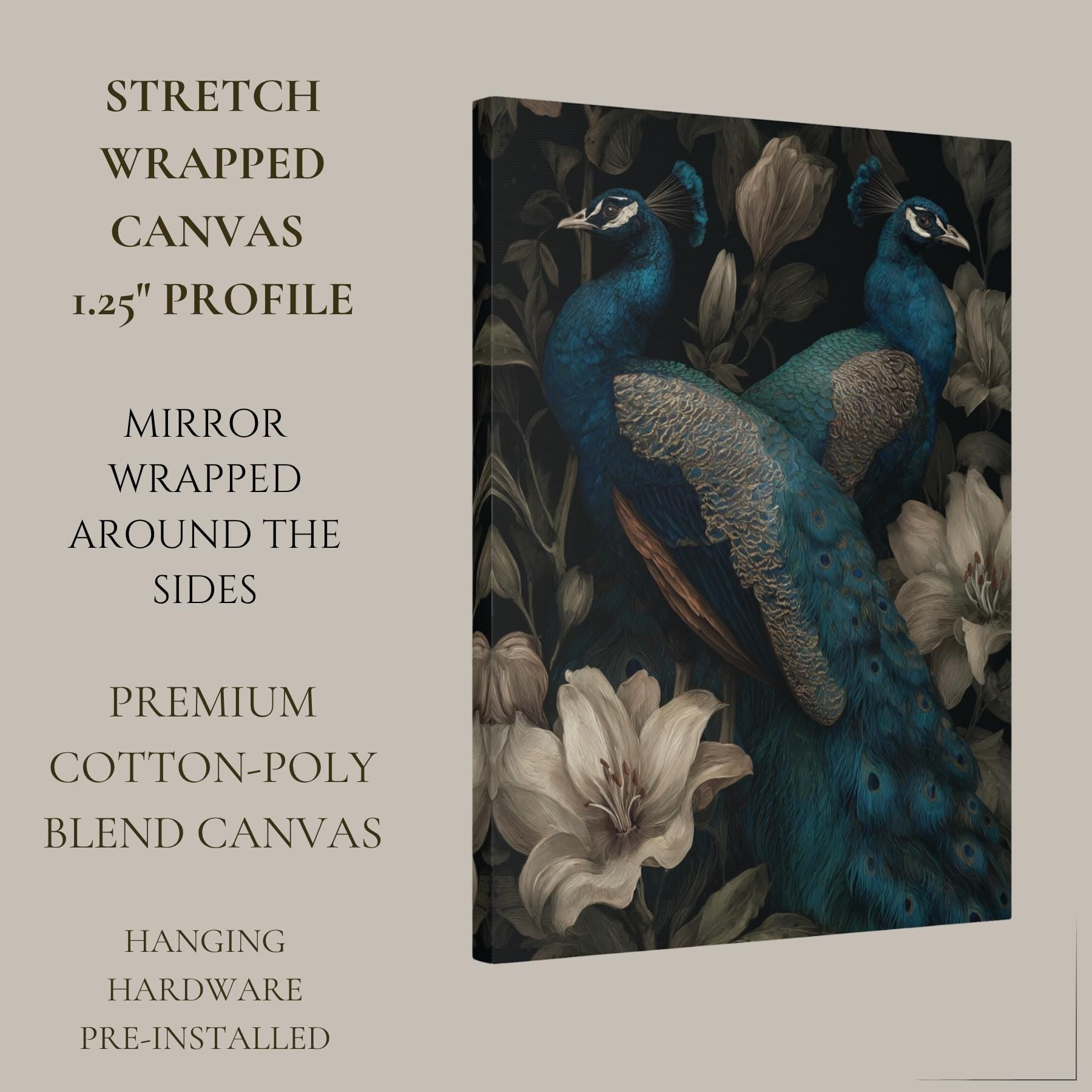 Peacock and Lily Wall Art Print, Blue Bird Canvas, Elegant Floral Maximalist Decor