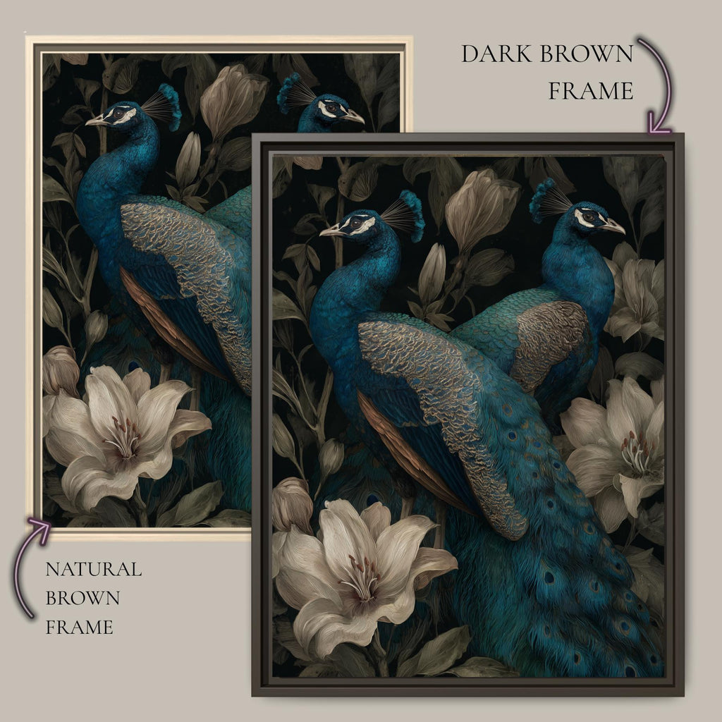 Peacock and Lily Wall Art Print, Blue Bird Canvas, Elegant Floral Maximalist Decor