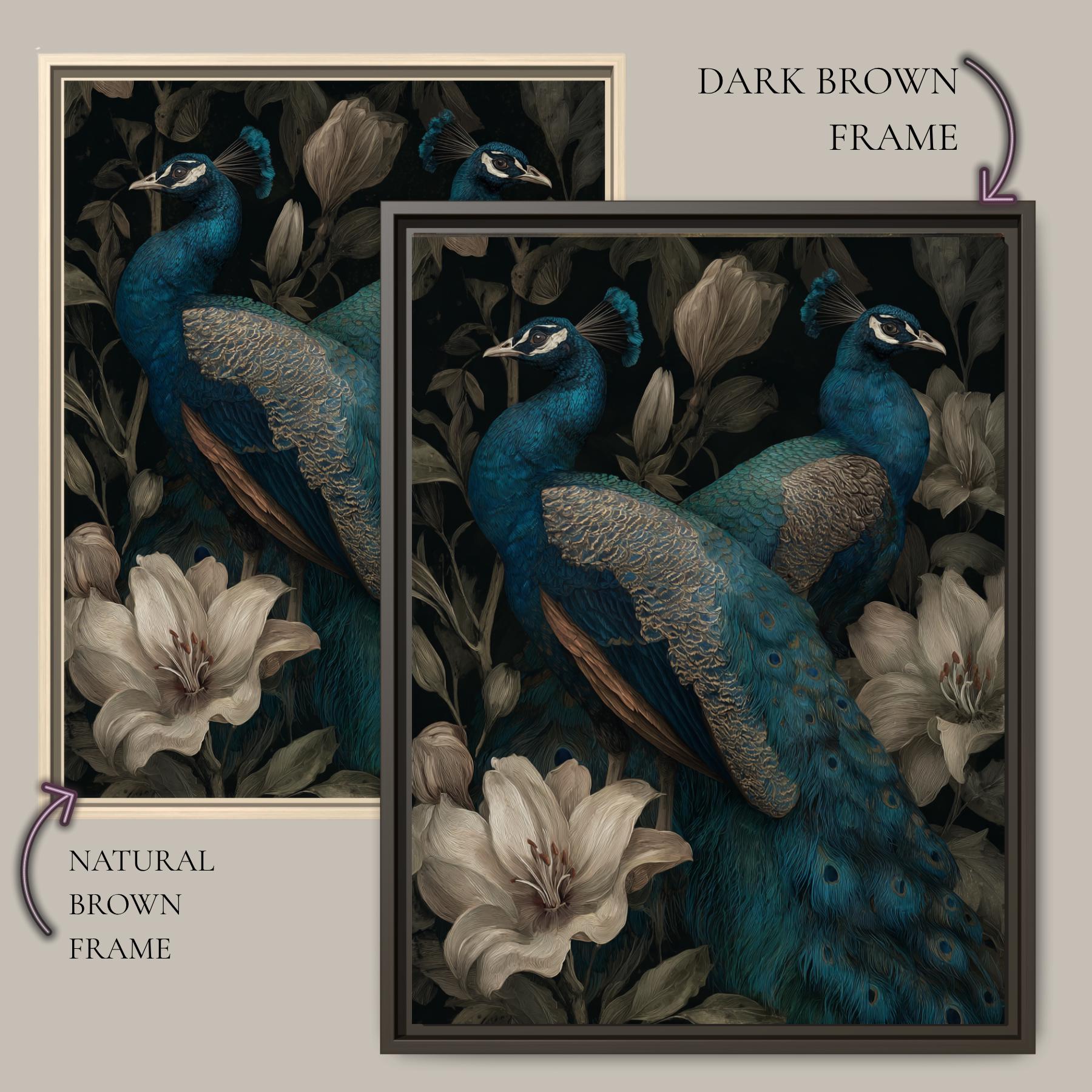 Peacock and Lily Wall Art Print, Blue Bird Canvas, Elegant Floral Maximalist Decor