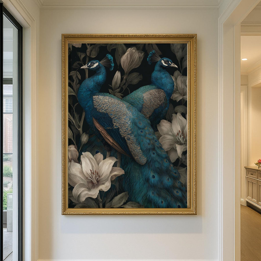 Peacock and Lily Wall Art Print, Blue Bird Canvas, Elegant Floral Maximalist Decor