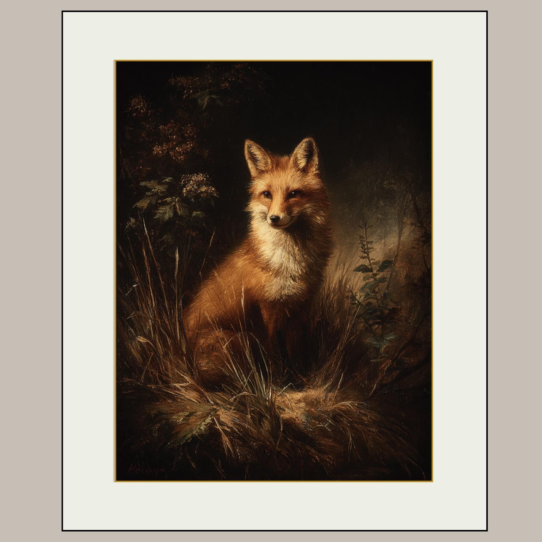 Fox Wall Art Print, Moody Woodland Wildlife Painting, Dark Academia Animal Illustration